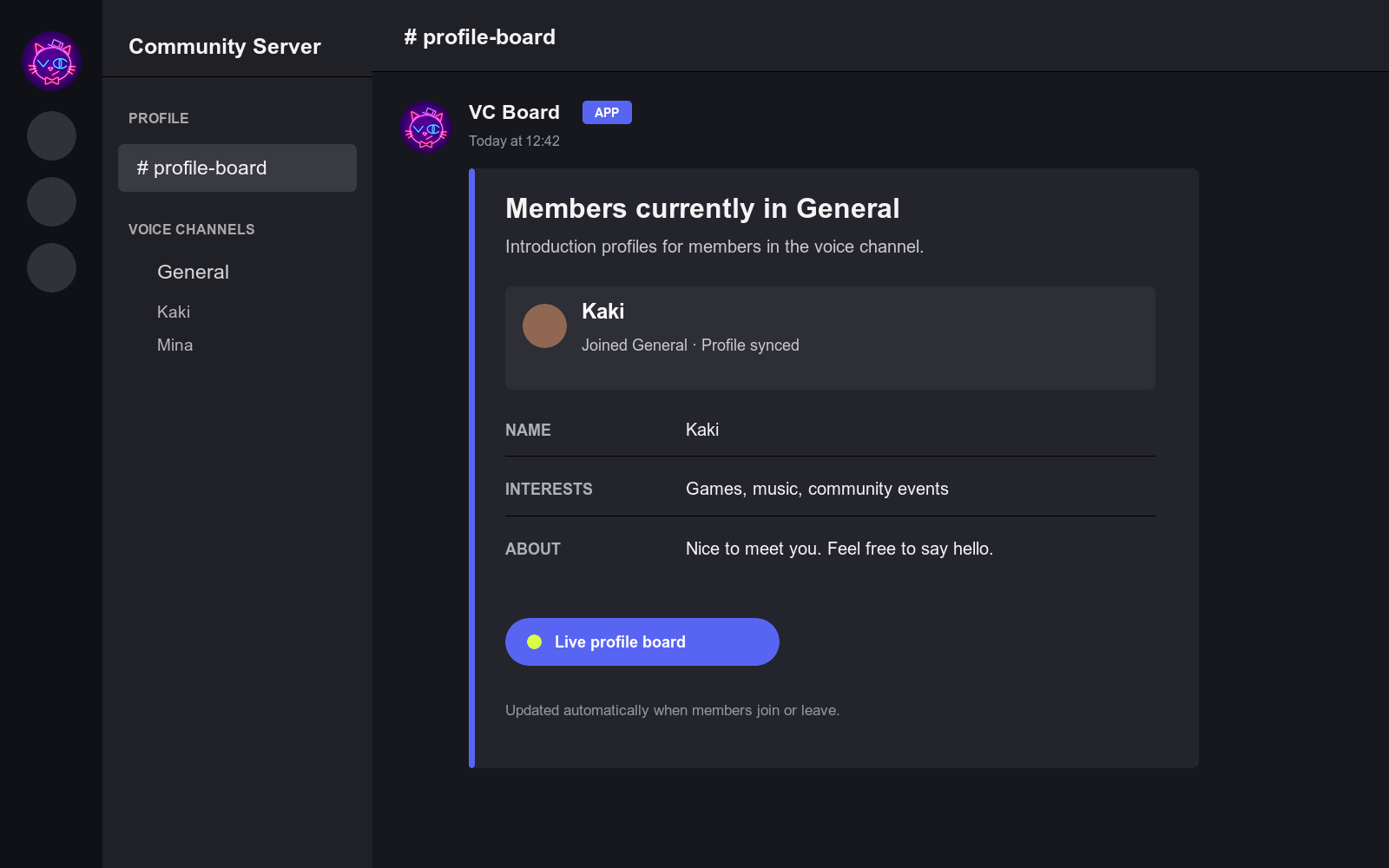 Example of a VC Board profile board in Discord